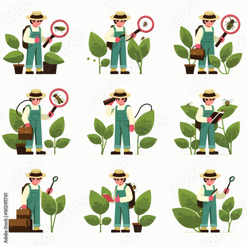 Image of a farmer checking leaves affected by pests with a simple and minimalist flat design using a white background.