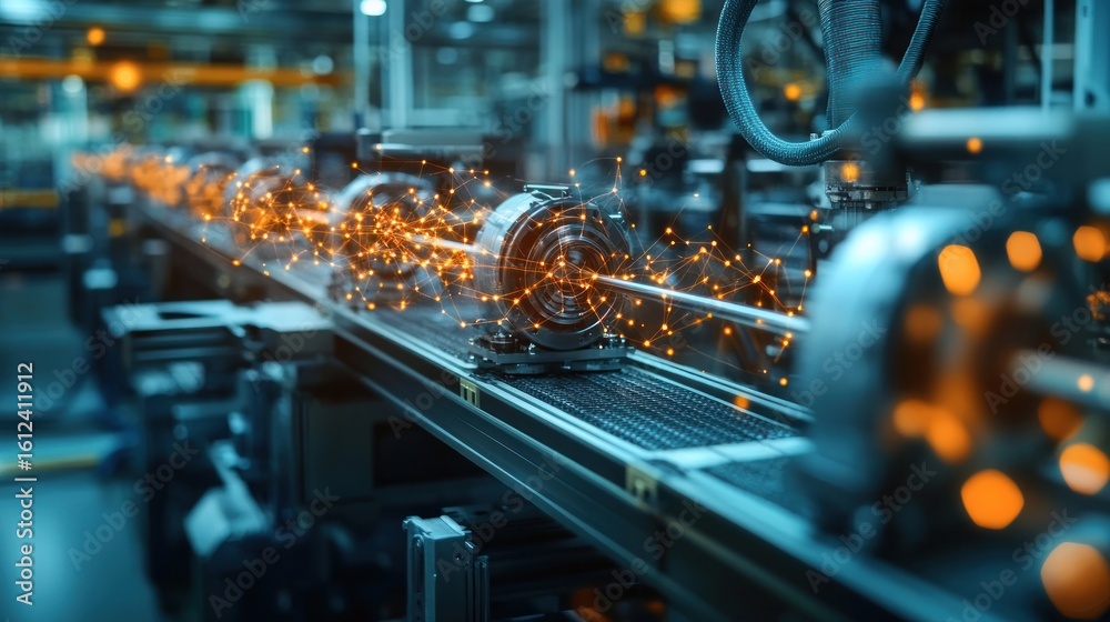 automated robotic production line delivering precision engineered automotive components with digital network overlay for modern industry process innovation and efficient manufacturing