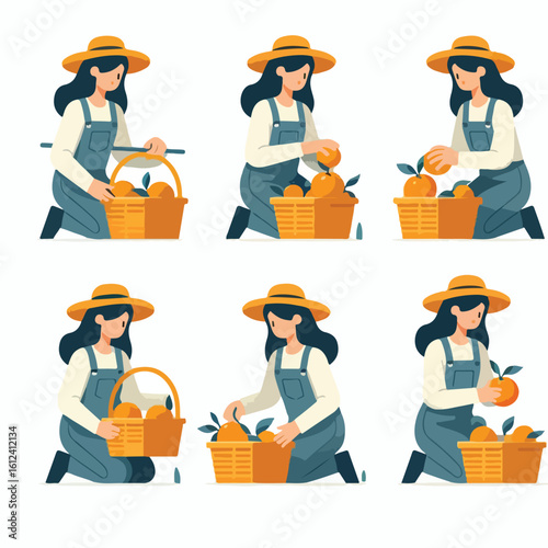 image of a farmer picking oranges and putting them in a basket with a simple and minimalist flat design using a white background