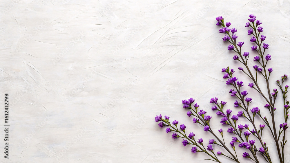 Fototapeta premium Minimalist flat lay of delicate purple wildflowers arranged on a clean white background, this botanical composition blends simplicity and elegance in a soft seasonal floral display