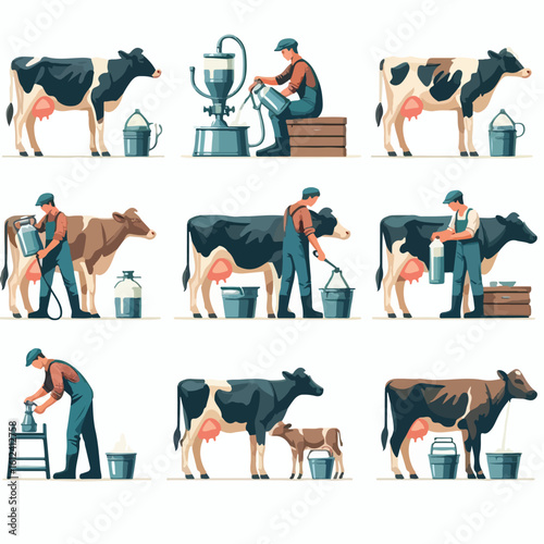 image of a farmer milking a cow with a simple and minimalist flat design using a white background