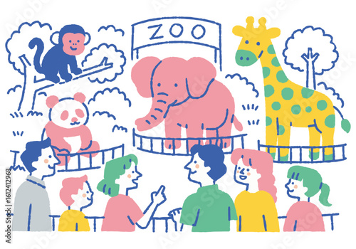 Parents and children fascinated by pandas and elephants_Color