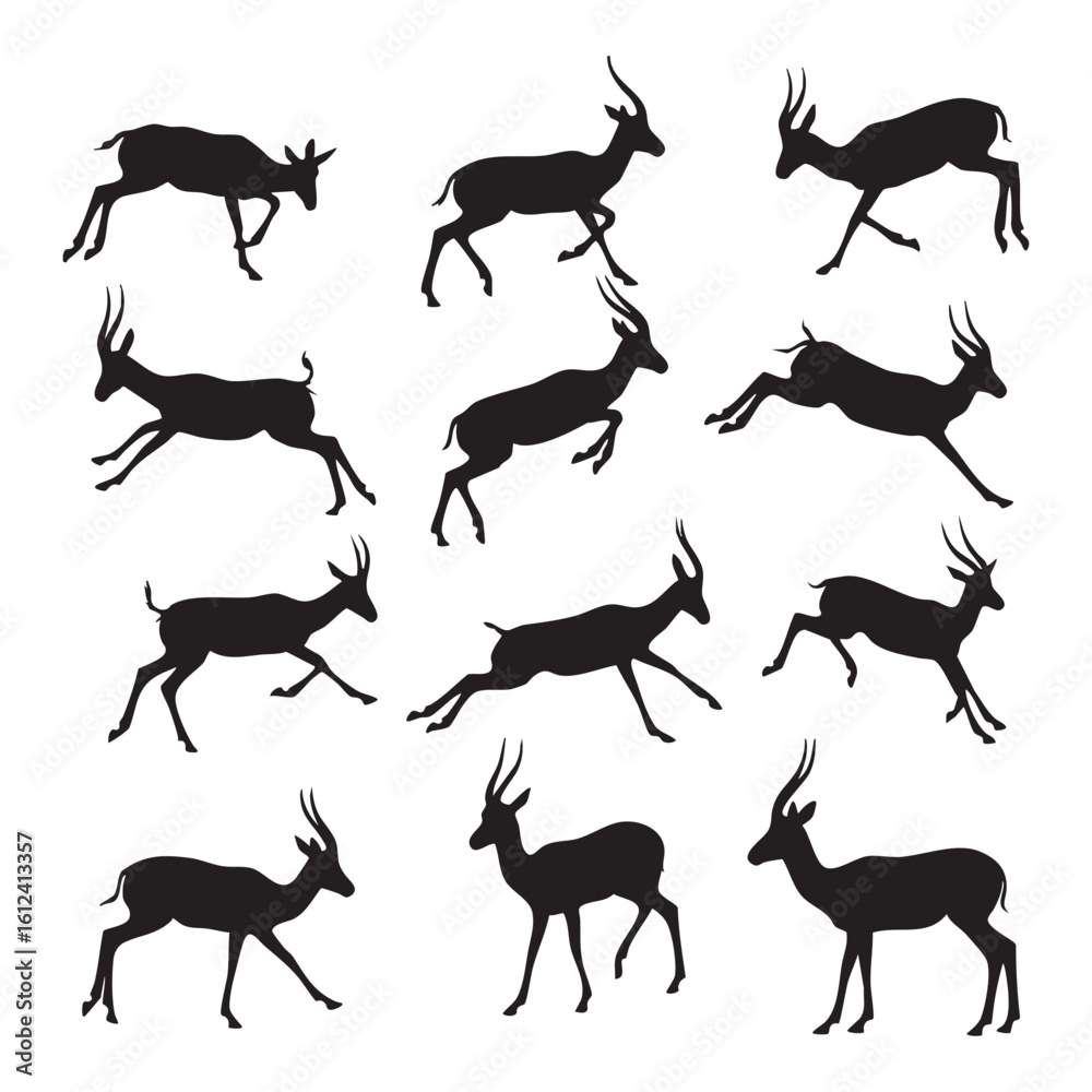 Fototapeta premium Collection of antelope silhouettes isolated on white background