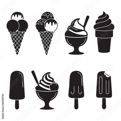 Collection of ice cream treats silhouette isolated on white background