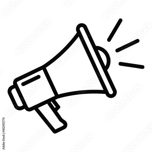 Vector art of a simple black line art icon of a megaphone with sound waves emanating from it, isolated on a white background