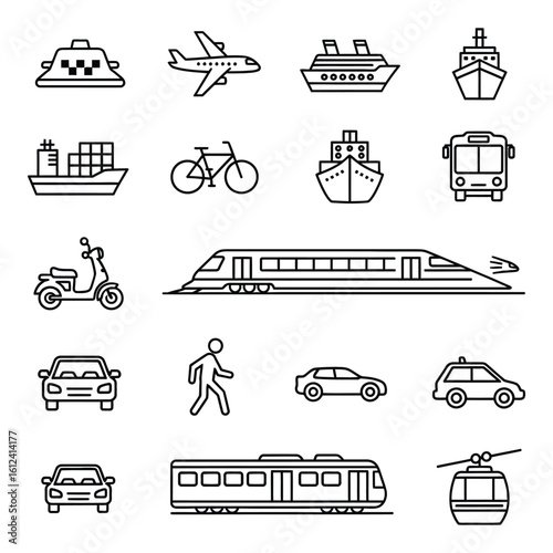 Vector art of a collection of diverse transportation icons including cars, trains, planes, boats, and bicycles