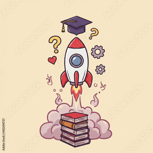 Graduation Rocket Launching from Stack of Books