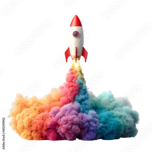  A rocket flying upward, surrounded by colorful smoke on a white background