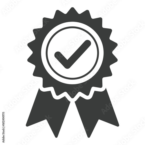 Vector art of a dark gray icon of a starshaped award ribbon with a checkmark inside a circle