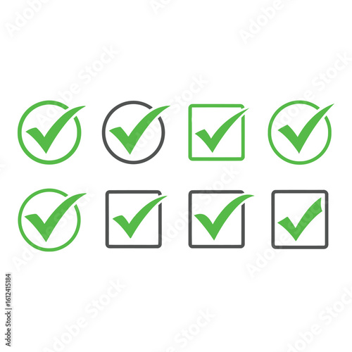 Vector art of a collection of green checkmarks in circles and squares, symbolizing confirmation and choices