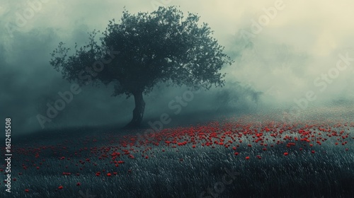A solitary tree stands amidst a field of red poppies in a misty landscape.