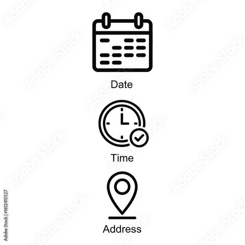 Vector art of a set of three icons representing date, time, and address, useful for planning and organization