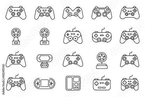 Gaming Controller Icons: A set of monochrome line art illustrations depicting various video game controllers, awards, and handheld consoles, perfect for game design or app interfaces.