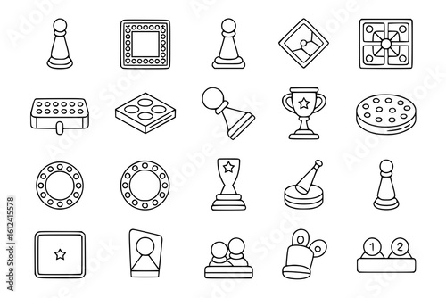 Game Icons: A collection of 20 monochrome line art illustrations depicting various game pieces, boards, and trophies, perfect for game design and app development.