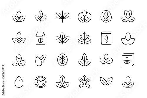 Leaf & Plant Icons: A collection of 24 minimalist line art illustrations featuring various leaf designs, plant sprouts, and packaging, ideal for branding and design projects.