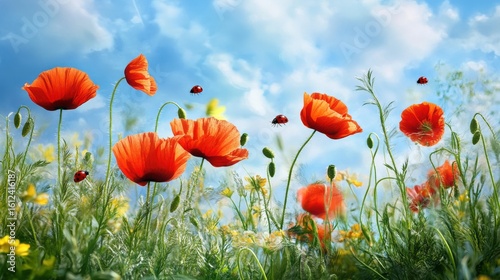 Vibrant red poppies in a summer meadow.