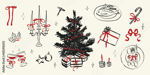 Whimsical chalk doodles of Christmas party. Quirky icons of breakfast and dinner meals in crayon style. Crayon drawing for menus and invitations. Handwriting vector illustration