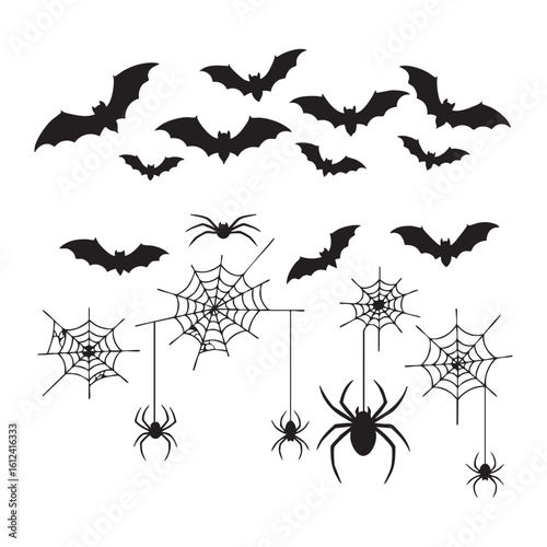 Halloween bats spiders and webs silhouette isolated on white background