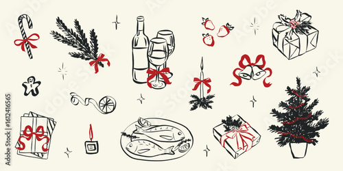 Whimsical chalk doodles of Christmas party. Quirky icons of breakfast and dinner meals in crayon style. Crayon drawing for menus and invitations. Cute handwriting vector illustration