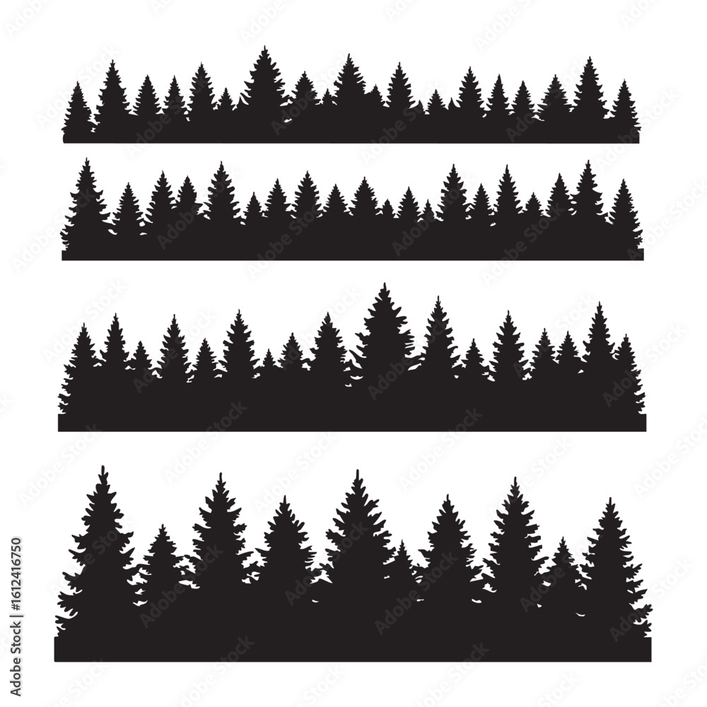 Fototapeta premium Four rows of pine tree silhouettes isolated on white background