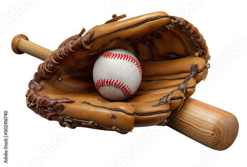  Baseball glove and bat with red baseball clip art, transparent background