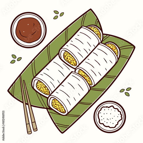 Delicious spring rolls with dipping sauces and chopsticks