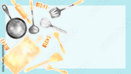 パステルブルーの背景がかわいい、キッチン用品のフレーム型背景