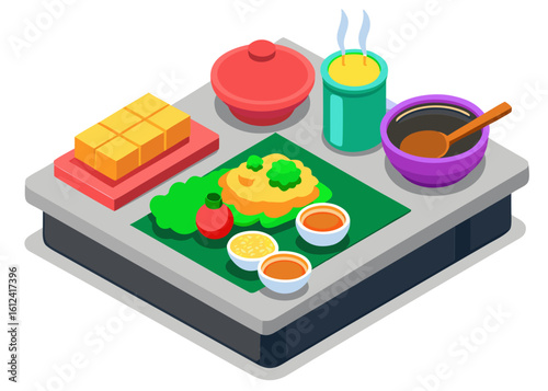 Isometric illustration of a delicious meal with sides and drinks