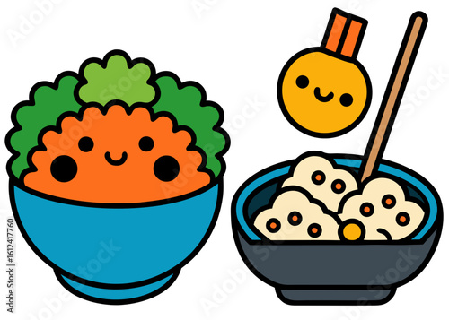 Cute kawaii food bowls with happy faces and a spoon