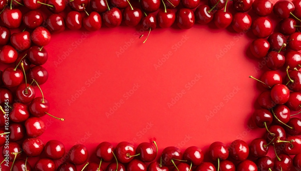 Obraz premium Fresh cherries frame a vibrant red background