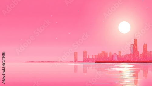 Ethereal pink city skyline reflected on water under a bright sun, dotted with stars. Serene, dreamlike, and minimalist aesthetic