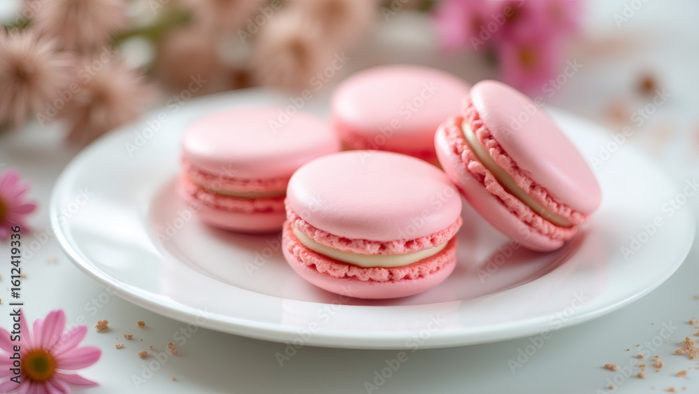 Obraz premium Pink Macarons on Plate with Flowers, Close-up View on White Surface