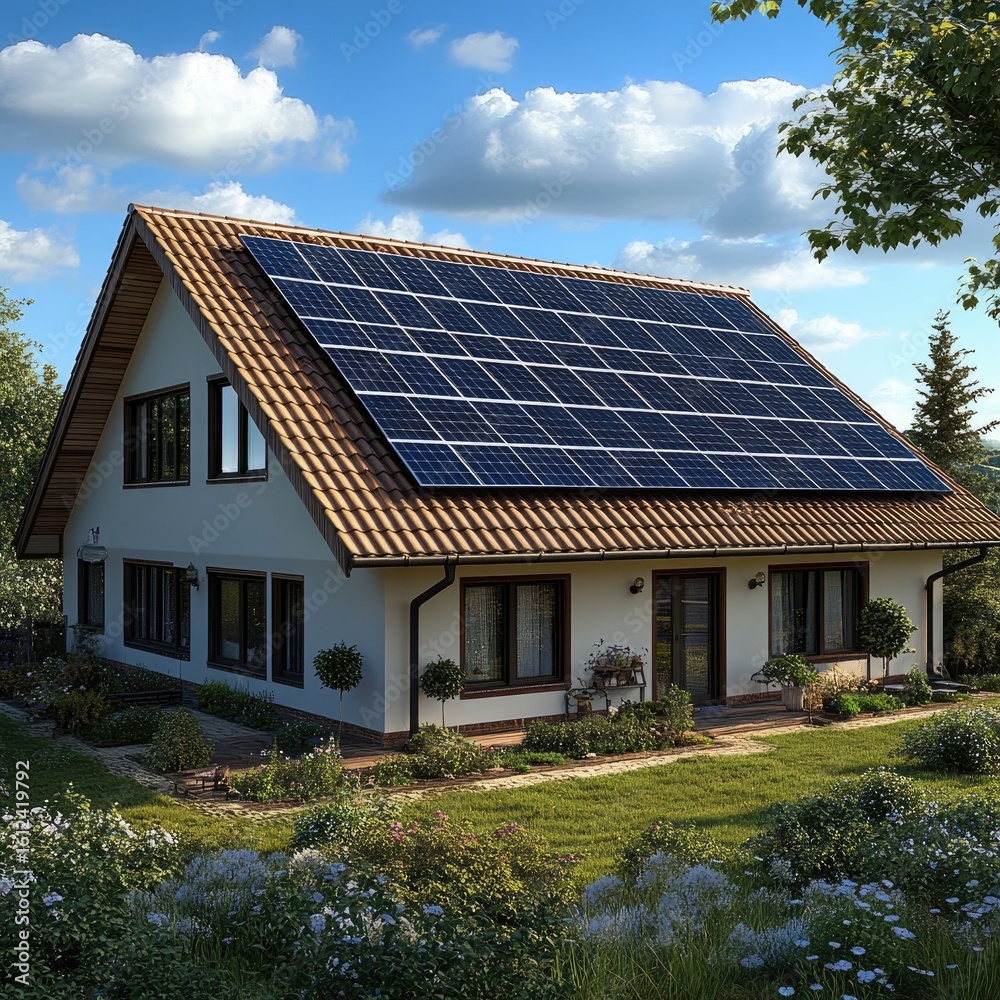Fototapeta premium Residential Home with Solar Panels on Tiled Roof on Sunny Day with Cloudy Blue Sky
