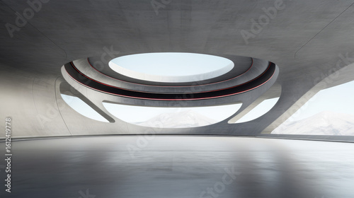 White architectural space with circular forms and modern concrete materials. A vast empty hall featuring towering columns and a soft, glowing white ambiance. Minimalist and futuristic interior design