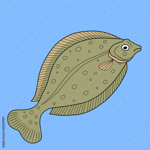 Cute flounder fish drawing with flat body and dotted texture. Ideal for marine-themed designs, kids' education, or ocean animal illustrations.