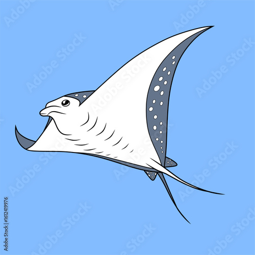 Stylized vector illustration of a manta ray with spotted wingtips and long tail, gracefully gliding over a blue background. Perfect for ocean-themed designs and marine education.