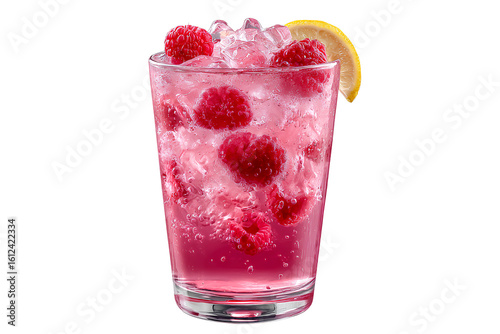 Refreshing pink lemonade with ice and fresh raspberries, isolated on a transparent background