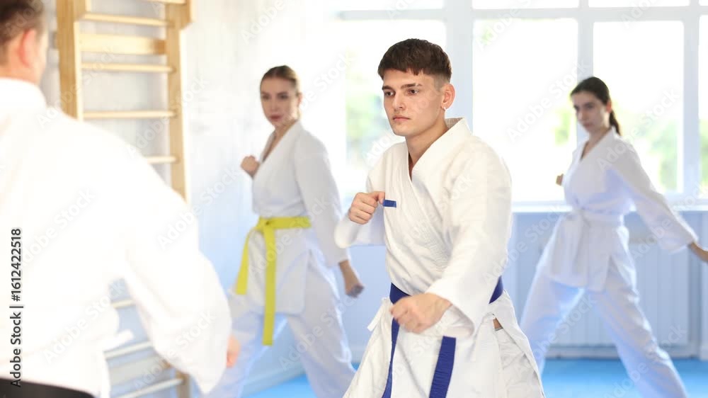 Diligent young woman attendee of karate classes practicing kata standing in row with others in sports hall. High quality 4k footage Diligent young woman attendee of karate classes practicing kata standing in row with others in sports hall. High quality 4k footage