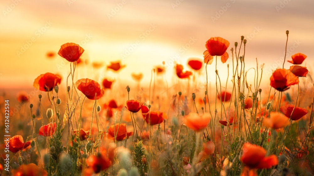 Fototapeta premium A vibrant sunset field adorned with red poppy flowers, bathed in warm golden light. 