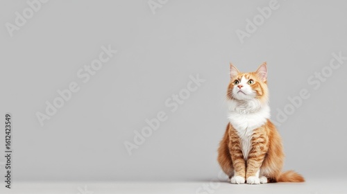 Adorable ginger cat looking up, sitting against a gray background.  A fluffy feline friend.