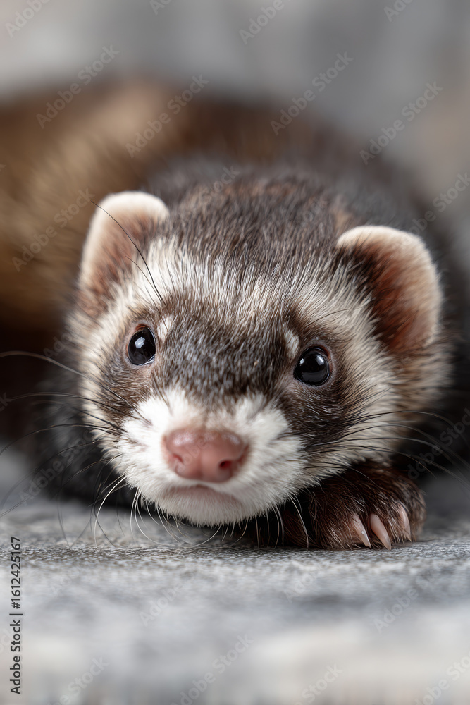 Fototapeta premium Front view of an adorable ferret lying on a grey patterned floor in a house.