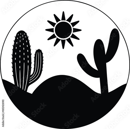 Circular desert elements illustration with saguaro cactus, sand dunes, and sun icon.