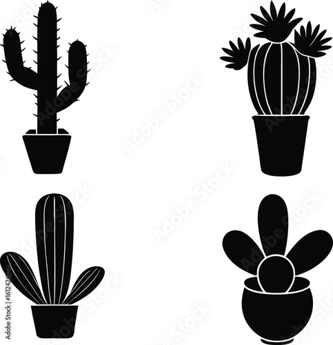 Set of four black fill silhouette icons of cactus and succulent plants in pots