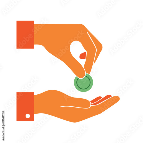 Vector illustration of hand putting coin into palm on white background, donation and transaction concept