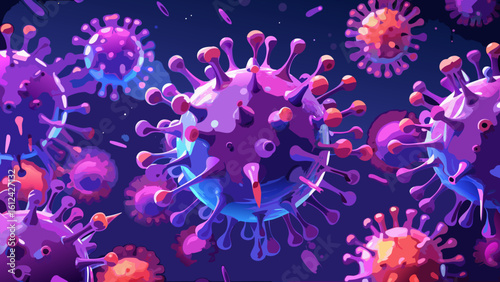 Vibrant microscopic view of coronavirus particles in deep space