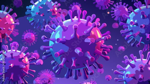 Vibrant purple and blue coronavirus particles in abstract background