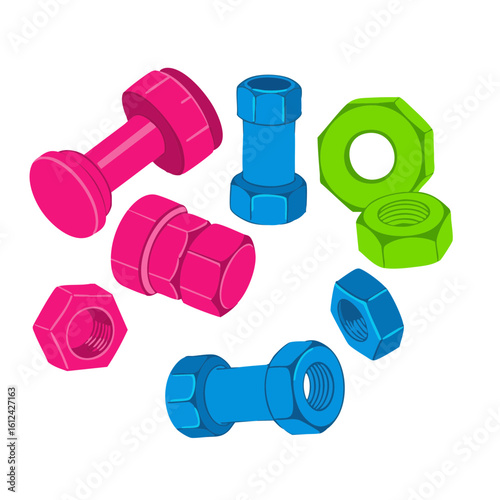 Vector illustration of wheel nuts on white background, automotive and mechanic concept