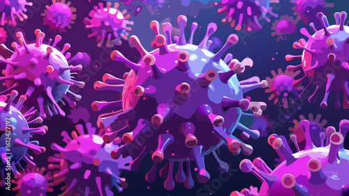Vibrant pink and purple coronavirus particles in abstract background