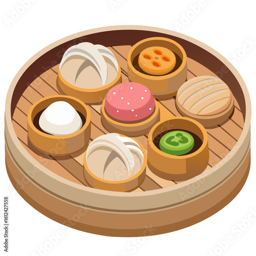Assortment of delicious dim sum in bamboo steamer baskets