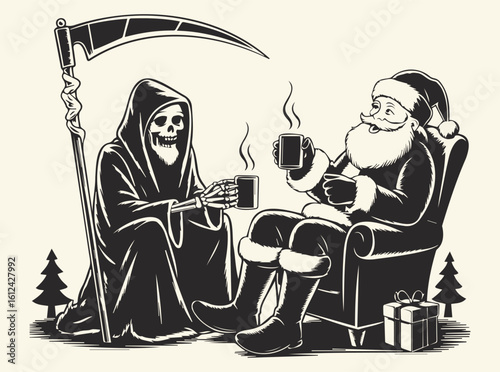 Santa Claus and Grim Reaper Sharing Drinks — Surreal Holiday Fantasy Art, Symbolic Gothic Scene, Emotional Contrast, Dark Humor, Santa Claus and Grim Reaper SVG, Funny SVG, Christmas Funny SVG